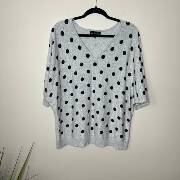 Premise Woman 1X V-Neck‎ Short Sleeve Pullover Gray Black Polka Dot Sweater Plus - Picture 1 of 5